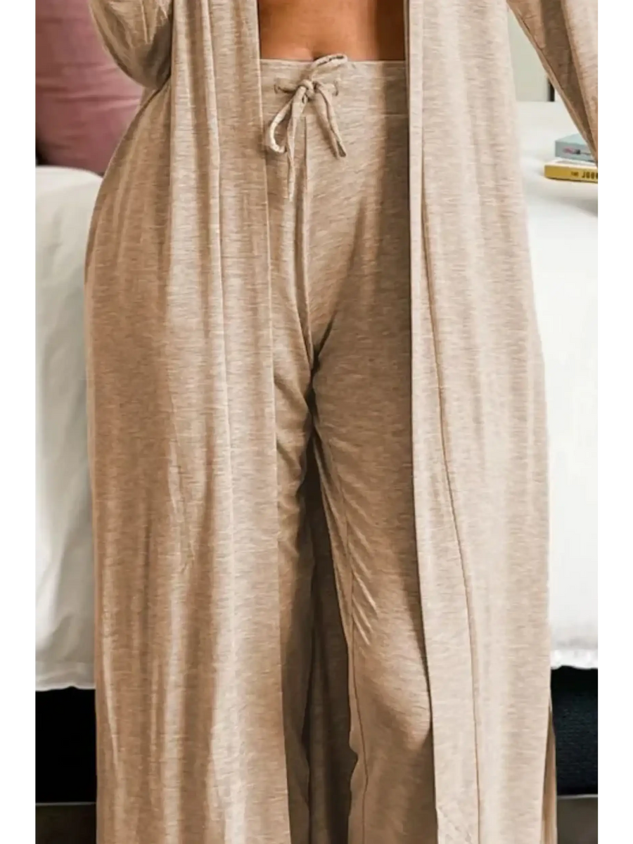 Trendsi 2 Pc Pants and Duster Leisure Set in beige soft fabric with drawstring waist