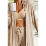 Trendsi 2 Pc Pants and Duster Leisure Set in beige soft fabric with drawstring waist and open front duster