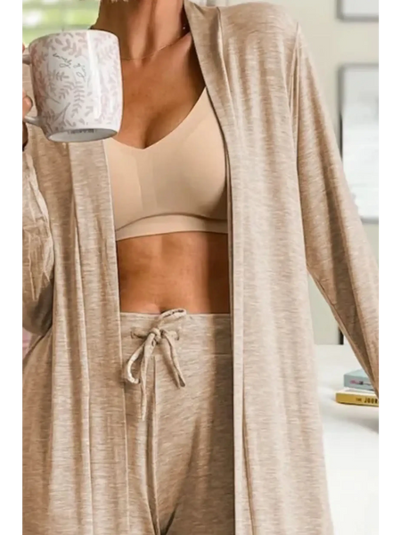 Trendsi 2 Pc Pants and Duster Leisure Set in beige soft fabric with drawstring waist and open front duster
