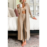 Trendsi 2 Pc Pants and Duster Leisure Set in beige worn by woman holding a mug indoors