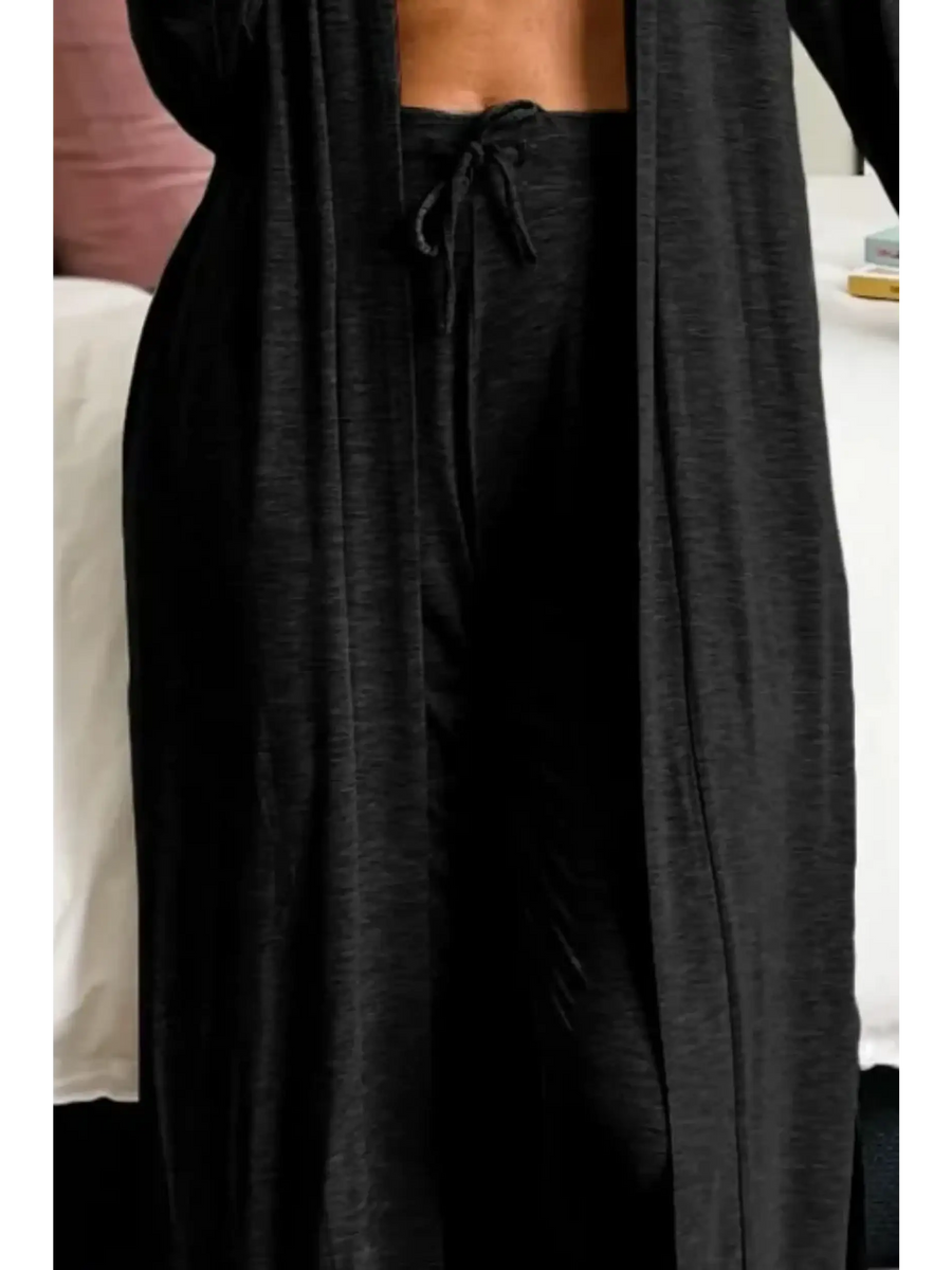 Trendsi black 2 Pc Pants and Duster Leisure Set with drawstring waist and long open front duster