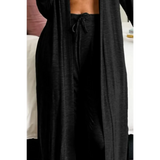 Trendsi black 2 Pc Pants and Duster Leisure Set with drawstring waist and long open front duster