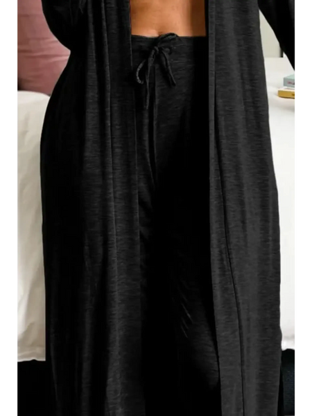 Trendsi black 2 Pc Pants and Duster Leisure Set with drawstring waist and long open front duster