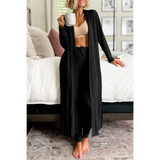 Trendsi 2 Pc Pants and Duster Leisure Set in black soft fabric worn indoors with drawstring pants and long open duster