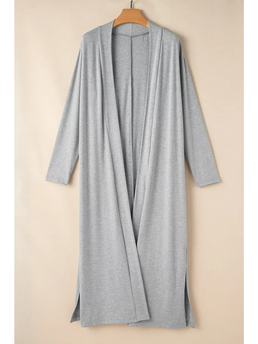 Trendsi 2 Pc Pants and Duster Leisure Set featuring a long gray open-front duster with long sleeves