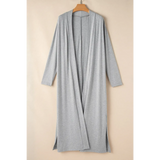 Trendsi 2 Pc Pants and Duster Leisure Set featuring a long gray open-front duster with long sleeves