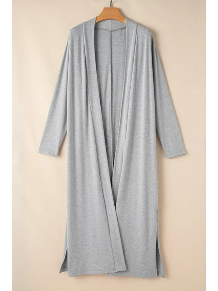 Trendsi 2 Pc Pants and Duster Leisure Set featuring a long gray open-front duster with long sleeves