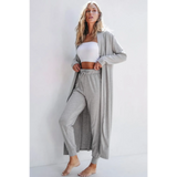 Trendsi 2 Pc Pants and Duster Leisure Set in light gray worn by woman for comfortable casual wear