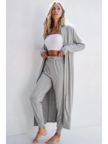Trendsi 2 Pc Pants and Duster Leisure Set in light gray worn by woman for comfortable casual wear