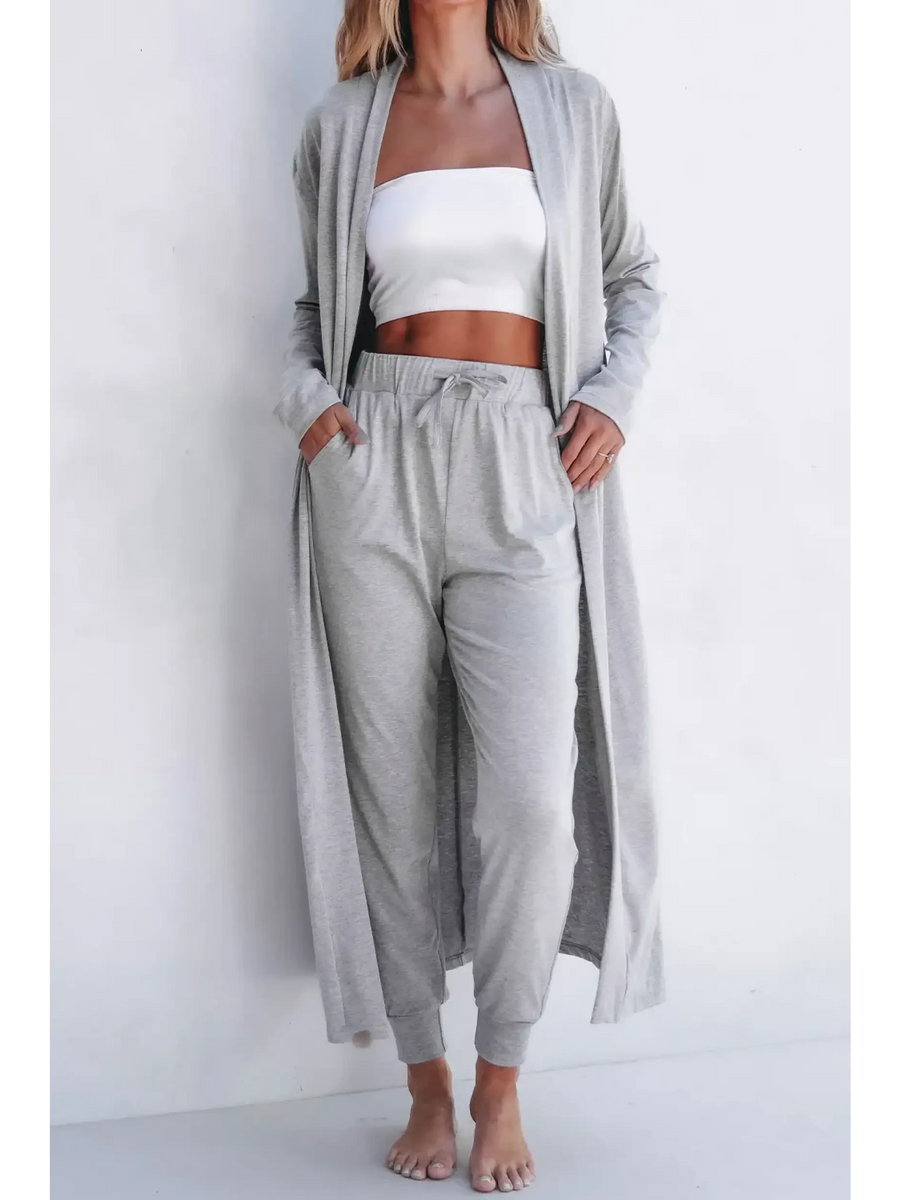 Trendsi 2 Pc Pants and Duster Leisure Set in light gray with elastic waist and long open-front duster