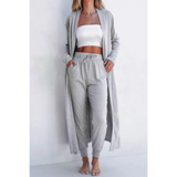 Trendsi 2 Pc Pants and Duster Leisure Set in light gray with elastic waist and long open-front duster