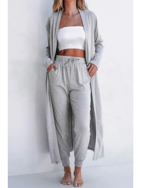 Trendsi 2 Pc Pants and Duster Leisure Set in light gray with elastic waist and long open-front duster