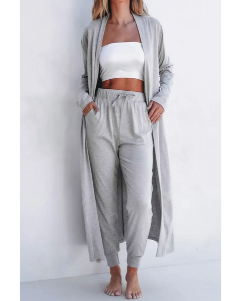Trendsi 2 Pc Pants and Duster Leisure Set in light gray with elastic waist and long open-front duster