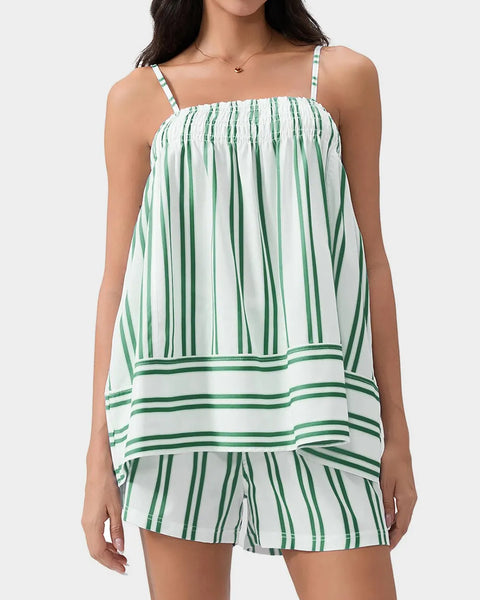 Trendsi beachwear matching sets for women with green and white vertical striped sleeveless top and shorts