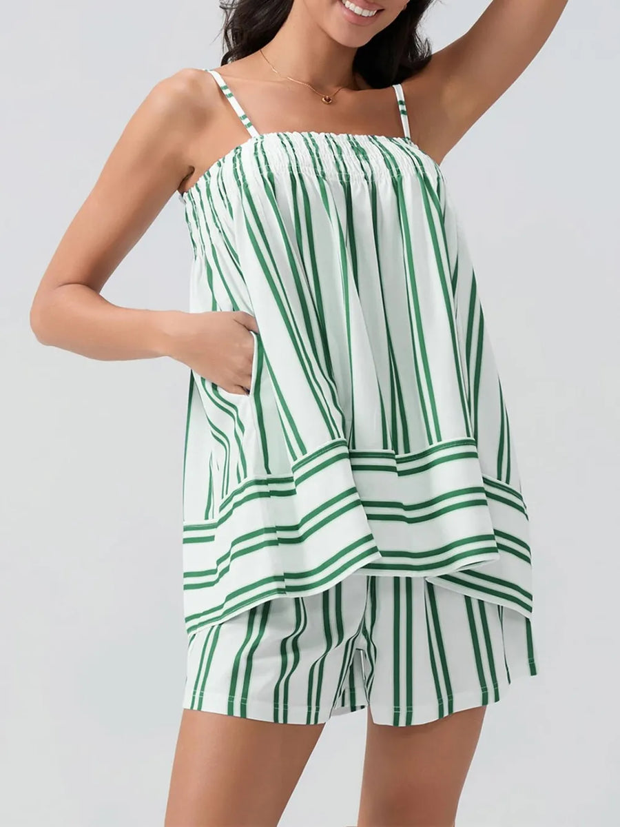 Trendsi beachwear matching sets for women green and white striped sleeveless short set