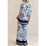 Trendsi blue summer lounge set for curvy women with artistic black and white patterns