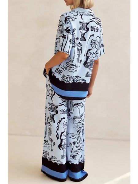 Trendsi blue summer lounge set for curvy women with artistic black and white patterns
