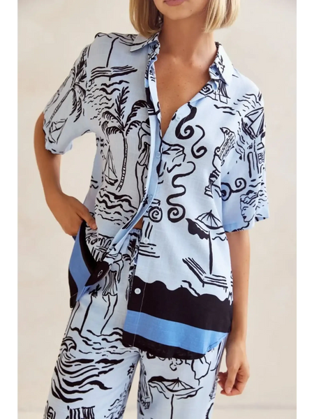 Trendsi blue summer lounge set for curvy women featuring abstract black and white tropical patterns