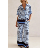 Blue summer lounge set for curvy women with abstract black and white patterns and relaxed fit