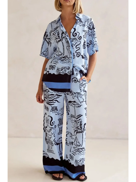 Blue summer lounge set for curvy women with abstract black and white patterns and relaxed fit