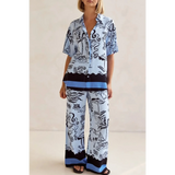 Blue summer lounge set for curvy women with artistic black and white patterns by Trendsi