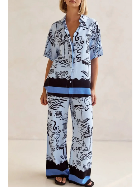 Blue summer lounge set for curvy women with artistic black and white patterns by Trendsi