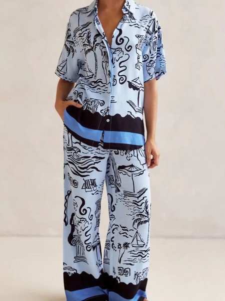 Trendsi blue summer lounge set for curvy women with abstract black and navy print and relaxed fit