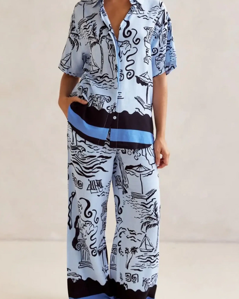 Trendsi blue summer lounge set for curvy women with abstract black and navy print and relaxed fit