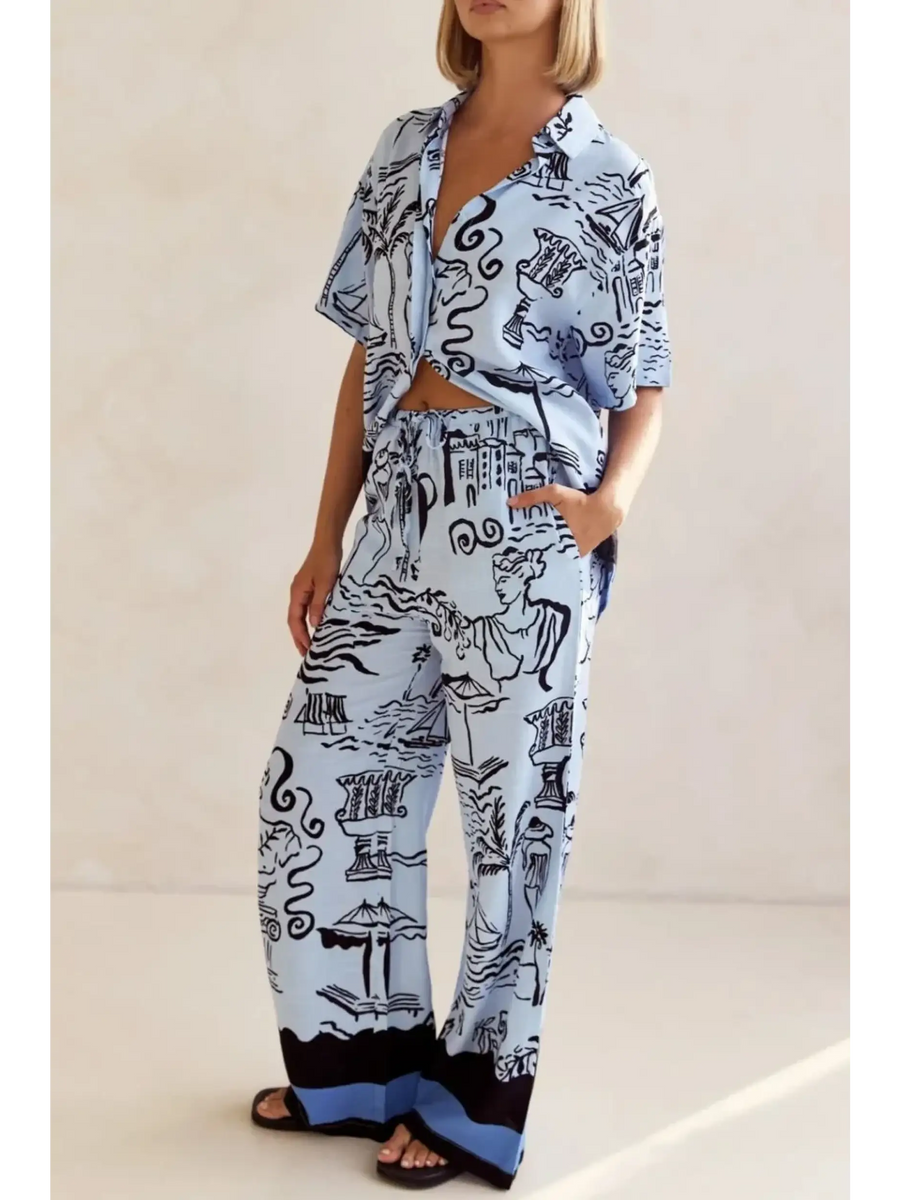Trendsi blue summer lounge set for curvy women with short sleeve top and wide leg pants