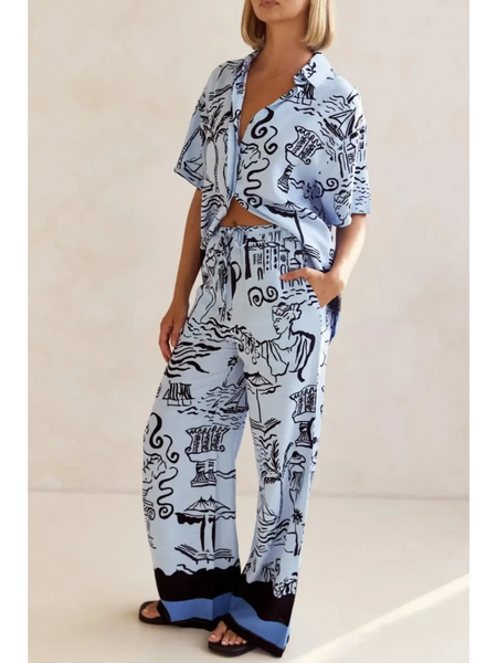 Trendsi blue summer lounge set for curvy women with short sleeve top and wide leg pants