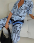 Blue summer lounge set for curvy women by Trendsi with artistic black print and relaxed fit