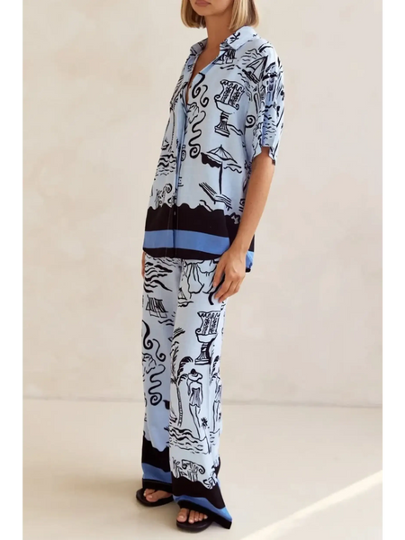 Trendsi blue summer lounge set for curvy women featuring relaxed fit pants and printed button-up top