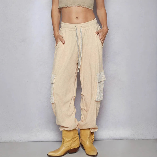 Trendsi beige Cargo Pants with drawstring waist and side pockets styled with tan boots