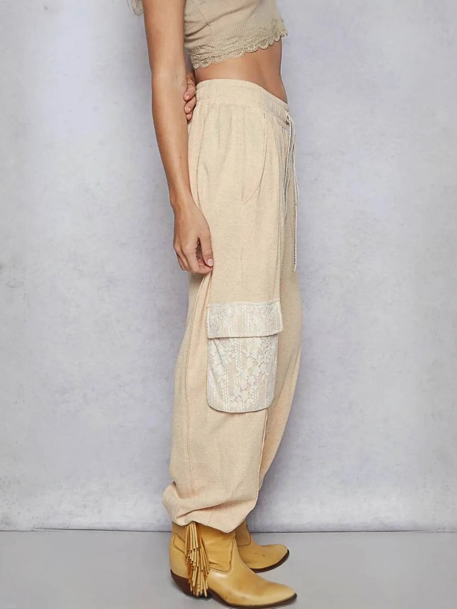 Trendsi beige Cargo Pants with side pockets and lace detail paired with tan ankle boots
