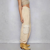 Trendsi beige Cargo Pants with side pockets and lace detail paired with tan ankle boots