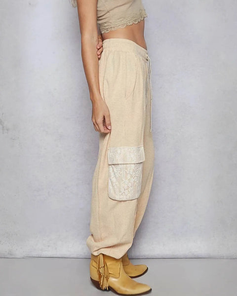 Trendsi beige Cargo Pants with side pockets and lace detail paired with tan ankle boots