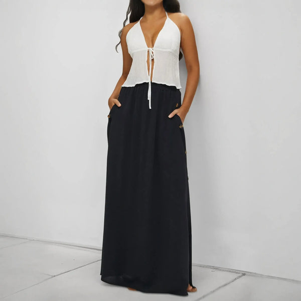 Babe Beachwear black maxi skirt styled as casual chic vacation skirt with side pockets