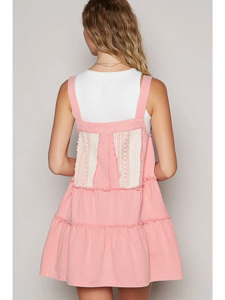 casual resort Mini dress for women in pink with lace details and tiered skirt from the back