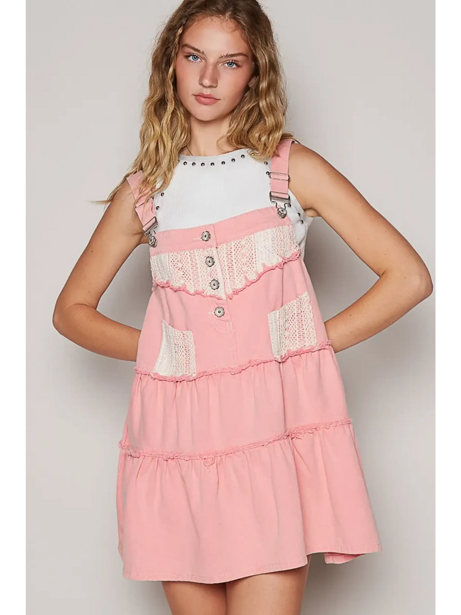  casual resort Mini dress for women in pink with button and lace detailing