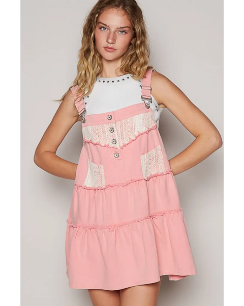  casual resort Mini dress for women in pink with button and lace detailing