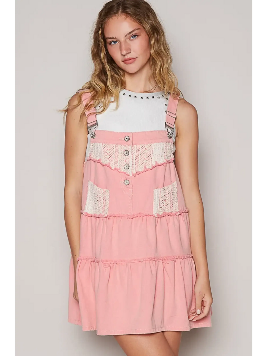 casual resort Mini dress for women in pink with lace details and adjustable straps