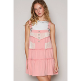 casual resort Mini dress for women in pink with lace details and adjustable straps