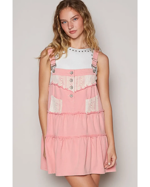 casual resort Mini dress for women in pink with lace details and adjustable straps