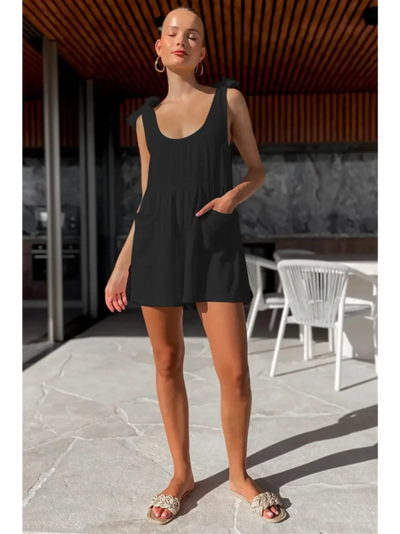 Trendsi black romper worn by a model in an outdoor setting, not a casual white vacation romper