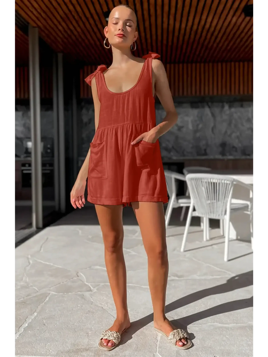 Trendsi rust orange romper with tie straps and pockets perfect for summer wear