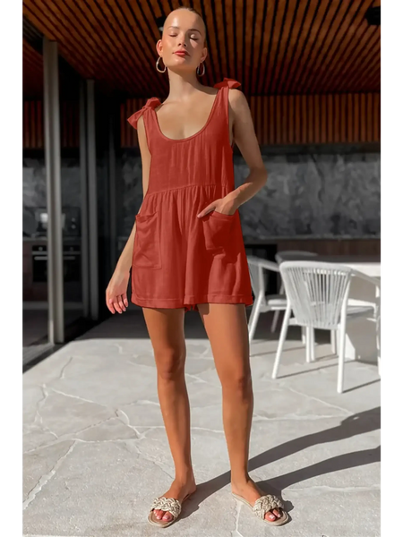 Trendsi rust orange romper with tie straps and pockets perfect for summer wear