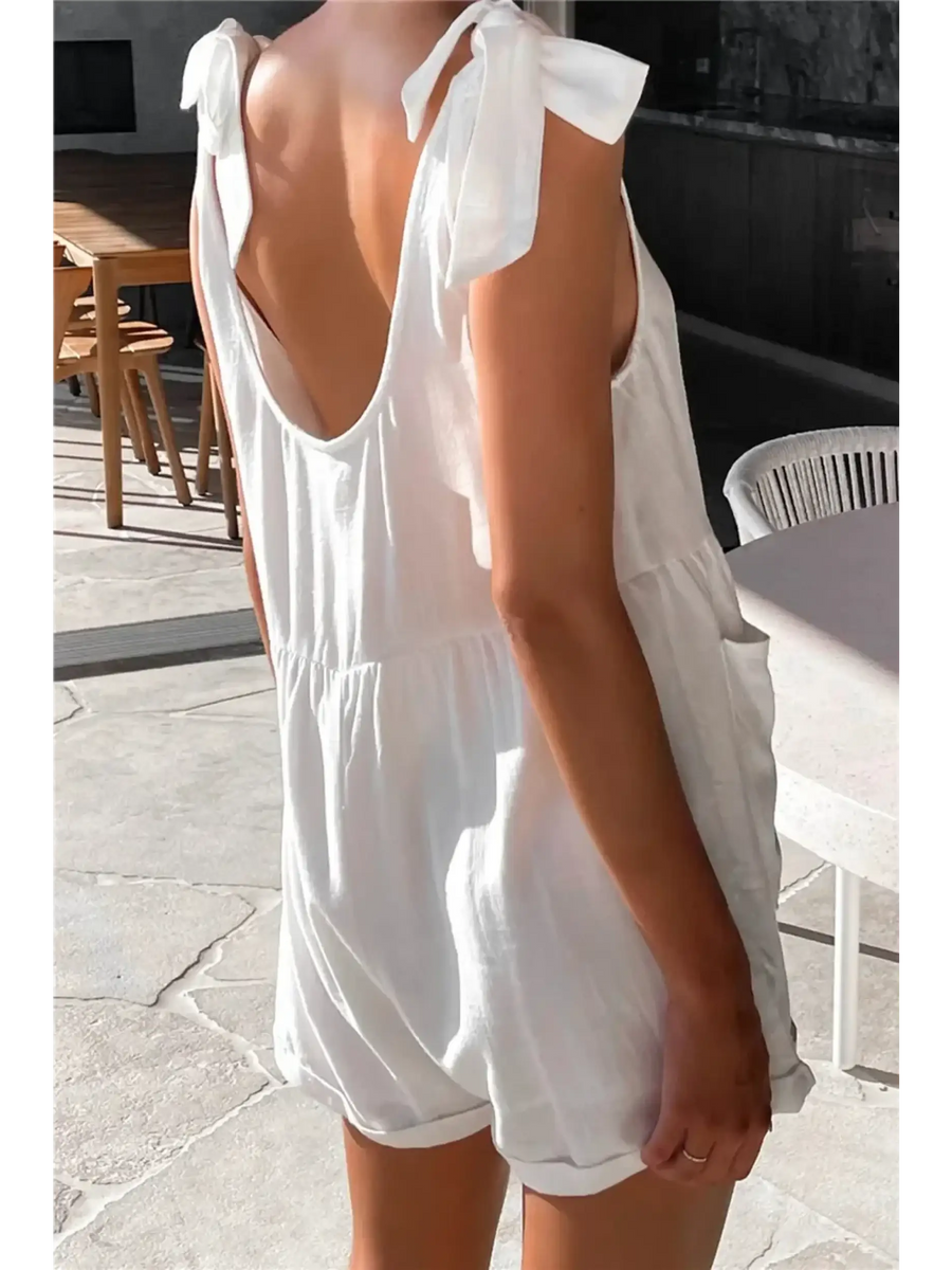 Trendsi casual white vacation romper with shoulder tie straps and low back design