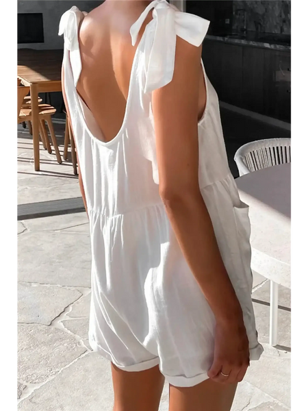 Trendsi casual white vacation romper with shoulder tie straps and low back design