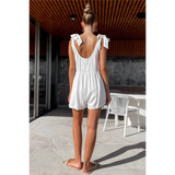 Trendsi casual white vacation romper with bow shoulder straps and relaxed fit back view