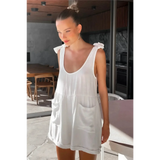 Trendsi casual white vacation romper sleeveless with bow shoulder straps and front pockets